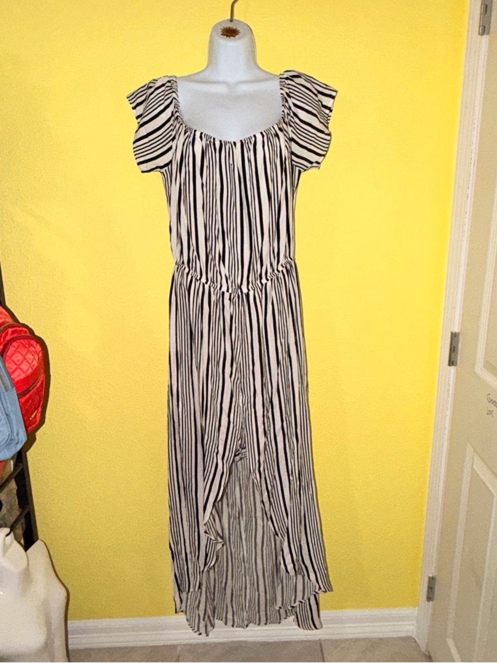 Striped Black and White Maxi Dress short with Flutter Sleeves